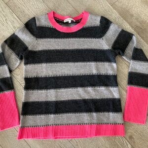 White + Warren Women Cashmere Sweater Gray Hot Pink Striped Crew Neck Small EUC